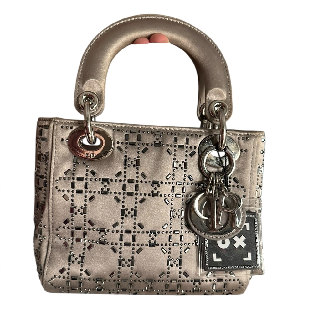 💎Satin Dior Mini Lady Dior Silver Beaded Gray Satin Small Handbag